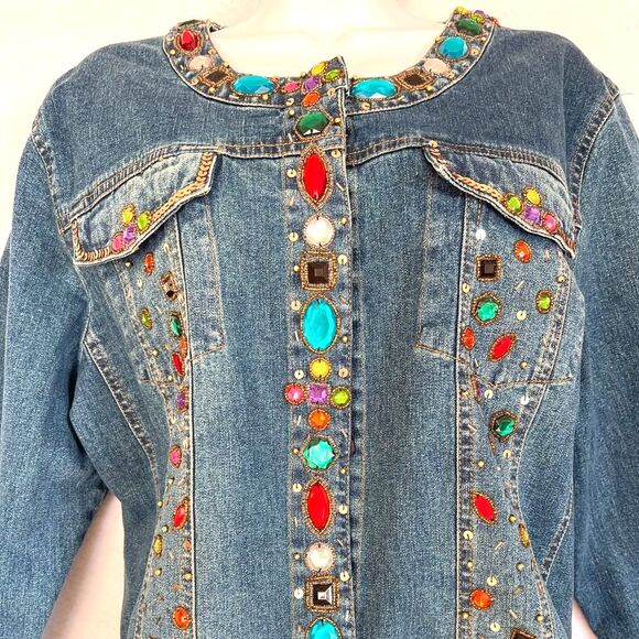 New Berek Denim Jeweled Jacket Western Artsy Hippie Colorful Embellishments XL - Picture 2 of 8